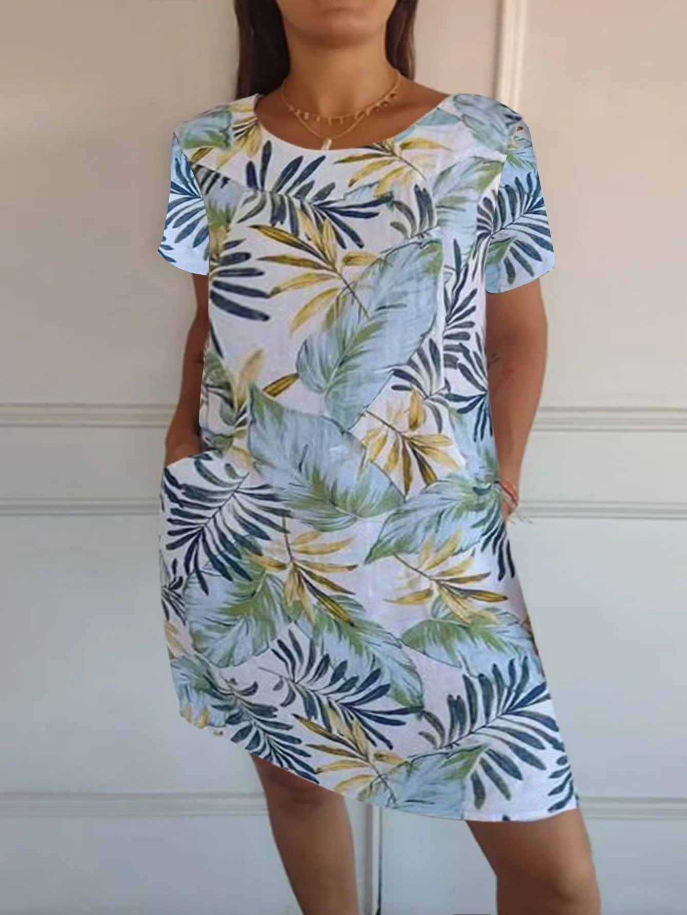 Monika Weiß Botanischer Print Rundhals Sommerkleid für Damen | Leichter Komfort mit Taschen | Alltag & Urlaub - S-3XL
