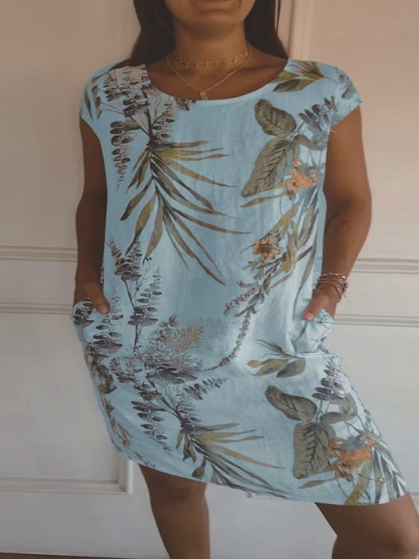Monika Weiß Botanischer Print Rundhals Sommerkleid für Damen | Leichter Komfort mit Taschen | Alltag & Urlaub - S-3XL