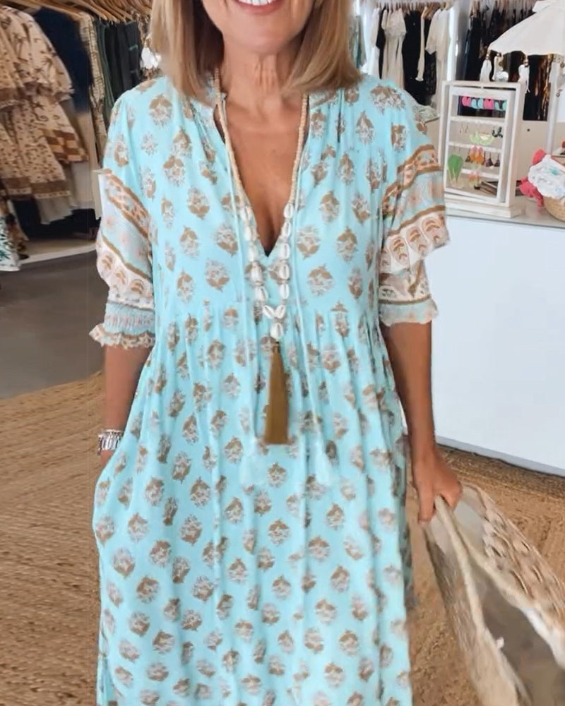 Sibylle Blau Boho-Midikleid Damen V-Ausschnitt Medallion-Print | Luftige Passform | Strand und Urlaub - S/M/L/XL/2XL/3XL
