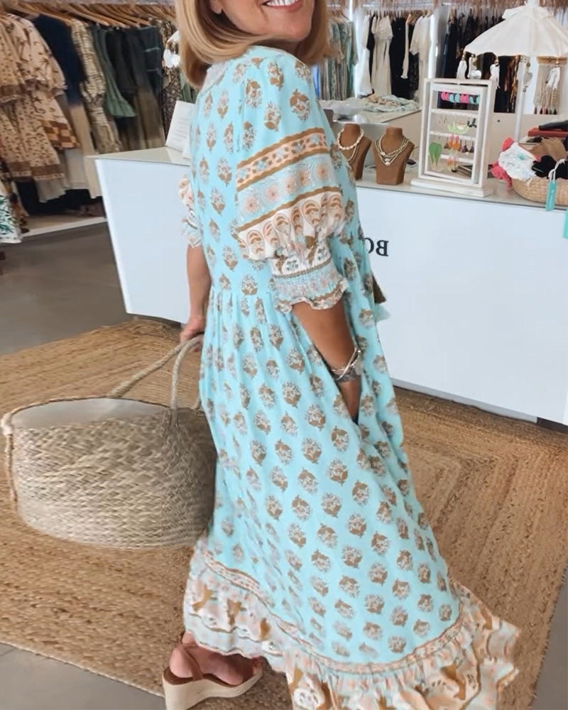 Sibylle Blau Boho-Midikleid Damen V-Ausschnitt Medallion-Print | Luftige Passform | Strand und Urlaub - S/M/L/XL/2XL/3XL