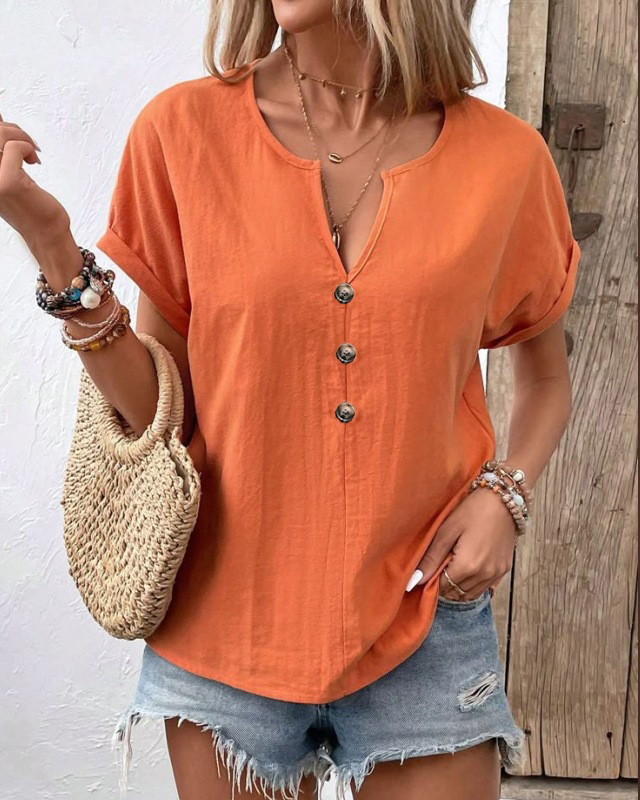 Ursula Aprikose Twist-Knopf Kurzarm Damen T-Shirt Baumwollmix | Leicht Atmungsaktiv Frühling Sommer Freizeit Oberteil | Elegant - S-5XL