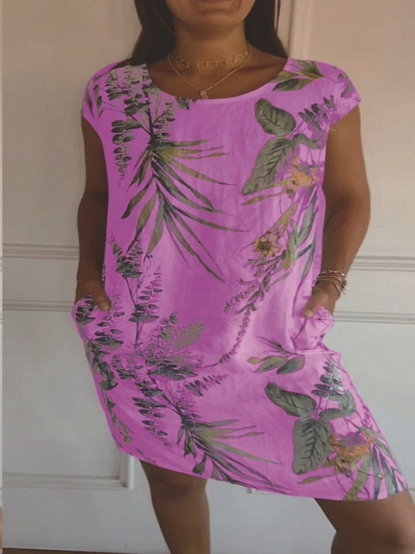 Monika Weiß Botanischer Print Rundhals Sommerkleid für Damen | Leichter Komfort mit Taschen | Alltag & Urlaub - S-3XL