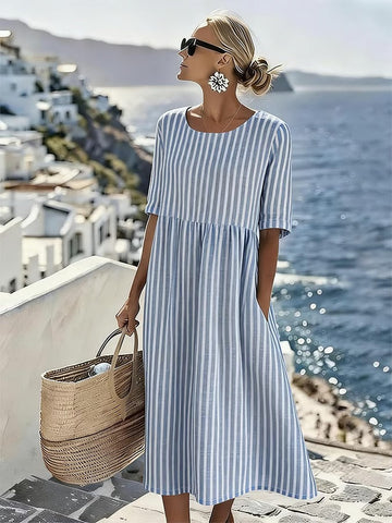 Monika Blau Gestreiftes Midikleid mit Taschen für Damen | Luftig Entspannter Stil | Sommerurlaub & Alltag - S-2XL