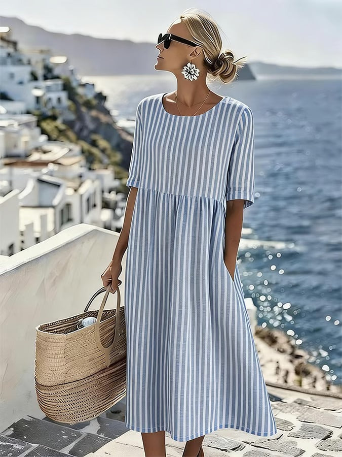 Monika Blau Gestreiftes Midikleid mit Taschen für Damen | Luftig Entspannter Stil | Sommerurlaub & Alltag - S-2XL