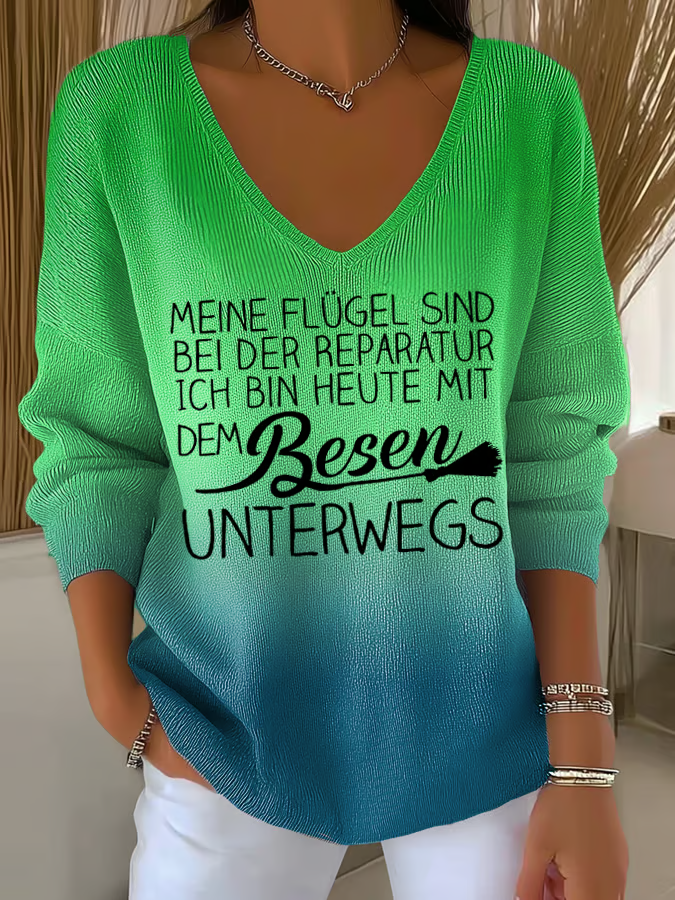 Monika Grün Ombre Rippstrick V-Ausschnitt Pullover für Damen | Lockerer Schnitt mit Spruch-Print - S/M/L/XL/2XL/3XL/4XL/5XL