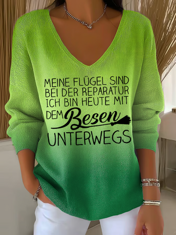 Monika Grün Ombre Rippstrick V-Ausschnitt Pullover für Damen | Lockerer Schnitt mit Spruch-Print - S/M/L/XL/2XL/3XL/4XL/5XL