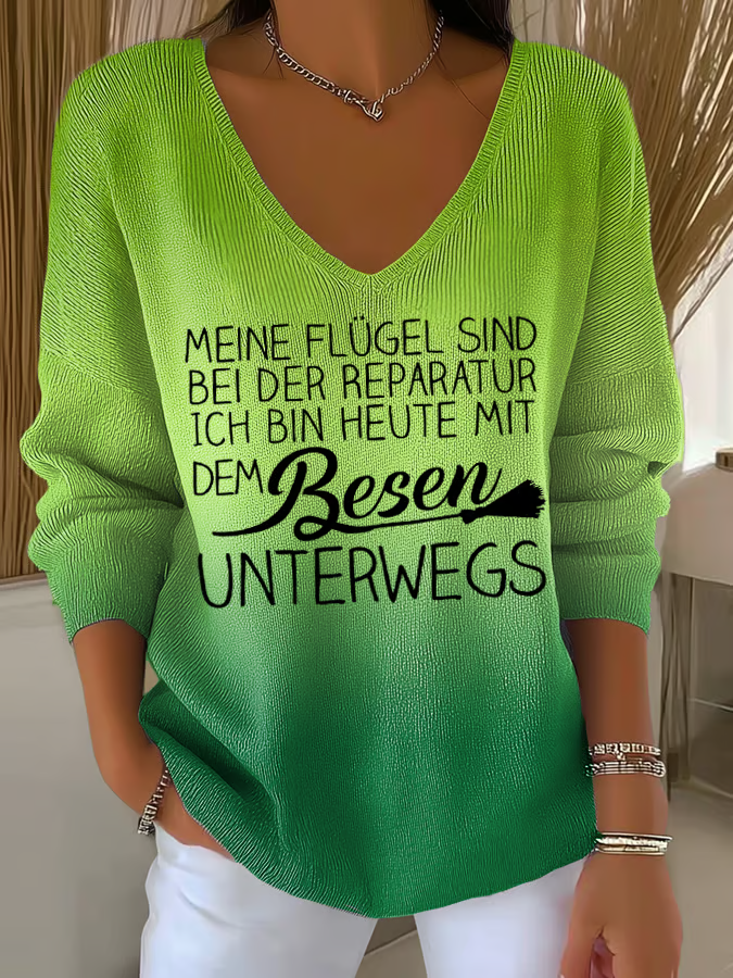 Monika Grün Ombre Rippstrick V-Ausschnitt Pullover für Damen | Lockerer Schnitt mit Spruch-Print - S/M/L/XL/2XL/3XL/4XL/5XL