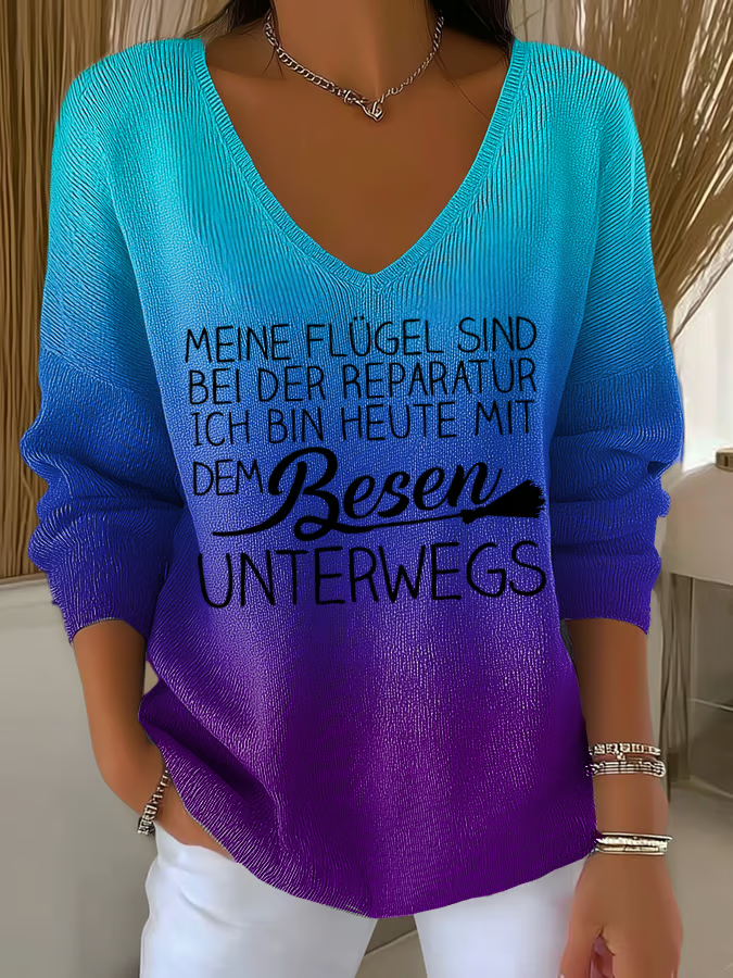 Monika Grün Ombre Rippstrick V-Ausschnitt Pullover für Damen | Lockerer Schnitt mit Spruch-Print - S/M/L/XL/2XL/3XL/4XL/5XL