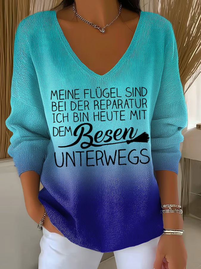 Monika Grün Ombre Rippstrick V-Ausschnitt Pullover für Damen | Lockerer Schnitt mit Spruch-Print - S/M/L/XL/2XL/3XL/4XL/5XL