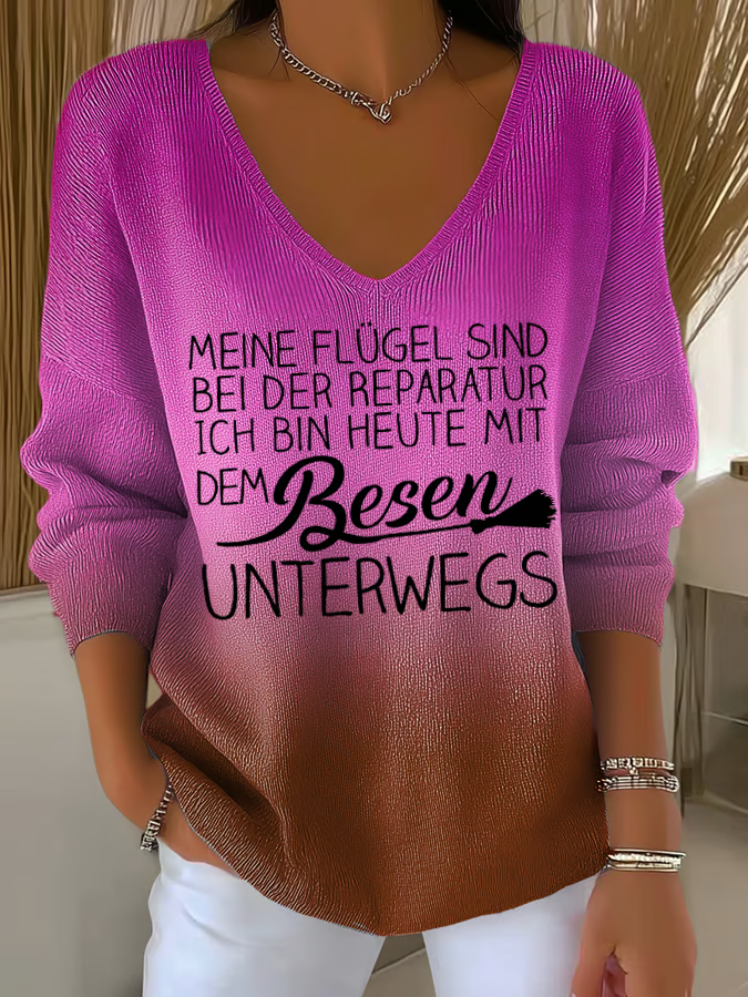 Monika Grün Ombre Rippstrick V-Ausschnitt Pullover für Damen | Lockerer Schnitt mit Spruch-Print - S/M/L/XL/2XL/3XL/4XL/5XL