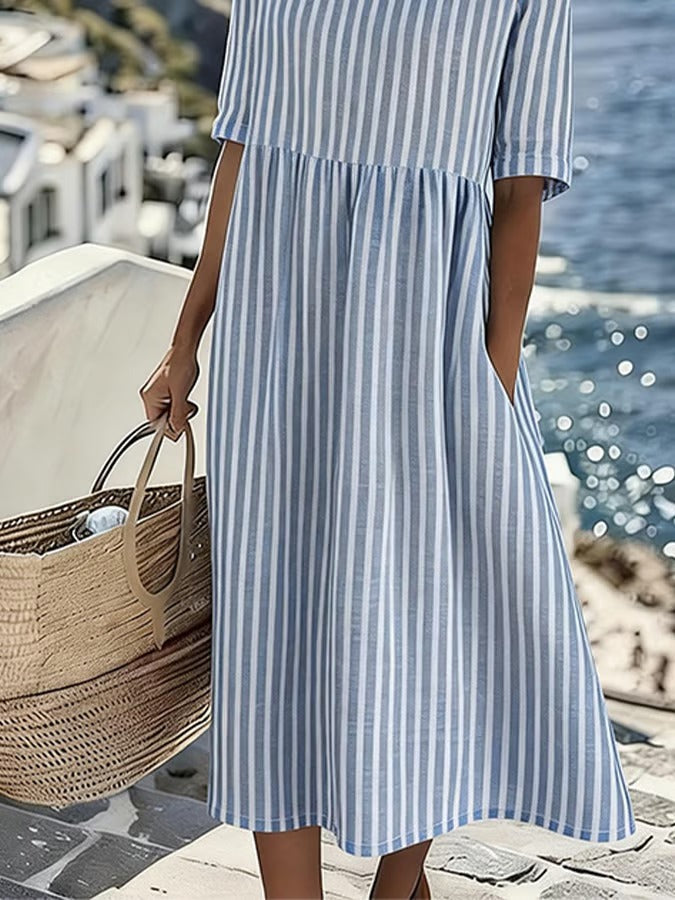 Monika Blau Gestreiftes Midikleid mit Taschen für Damen | Luftig Entspannter Stil | Sommerurlaub & Alltag - S-2XL