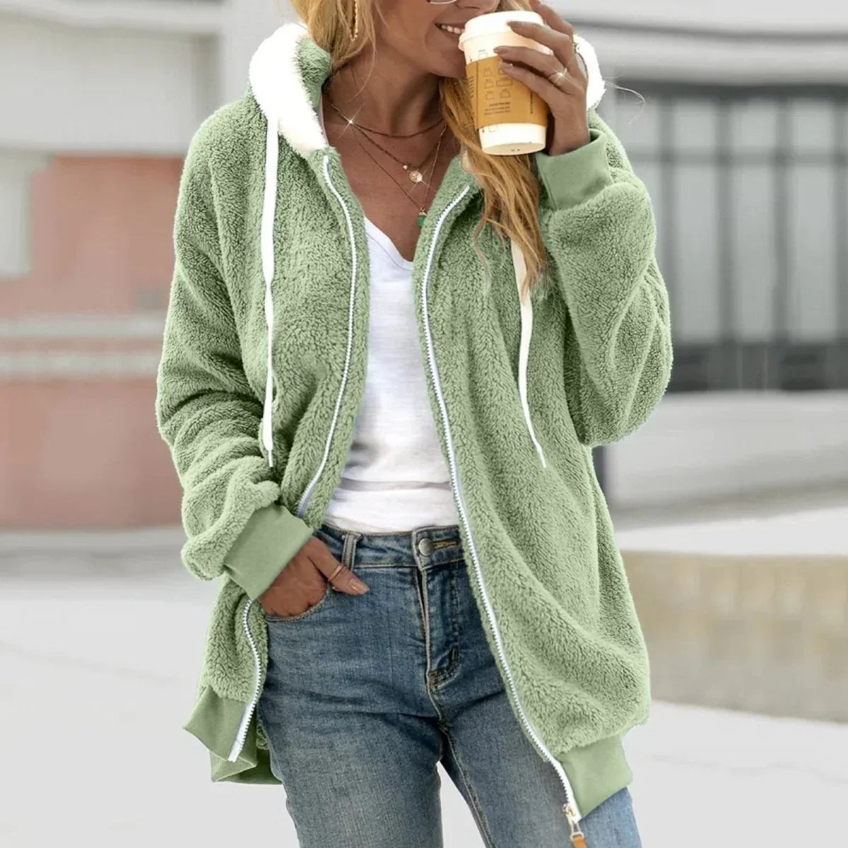 Vreni Hellgrün Oversized Teddy-Fleece Kapuzenjacke mit Reissverschluss für Damen | Winter Casual Stil - S/M/L/XL/2XL/3XL/4XL/5XL