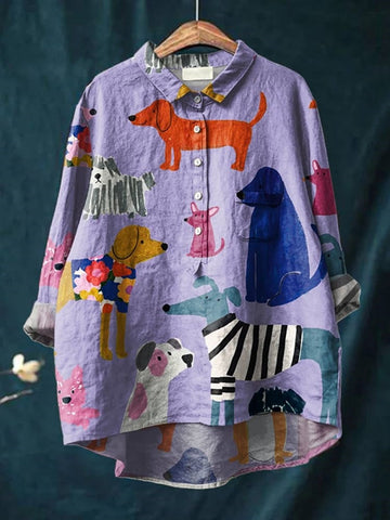 Monika Lila Hunde-Print Baumwoll-Leinen Bluse für Damen | Lässig Luftig | Alltag & Freizeit - XS-6XL