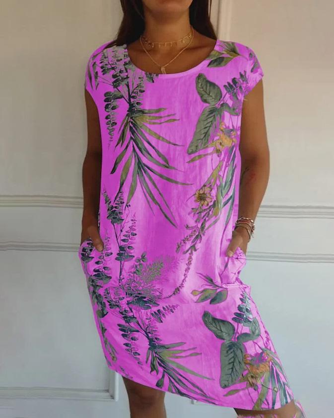 Waltraud Weiß Tropical Print Sommerkleid mit Rundhals und Taschen für Damen | Leichter Baumwoll-Leinen-Mix - S/M/L/XL/2XL/3XL