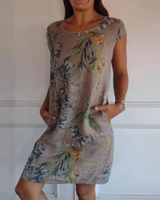 Waltraud Weiß Tropical Print Sommerkleid mit Rundhals und Taschen für Damen | Leichter Baumwoll-Leinen-Mix - S/M/L/XL/2XL/3XL