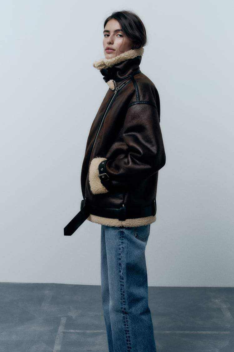 Genoveva Braun Oversized Bikerjacke Leder-Optik mit Sherpa-Futter für Damen | Winter Casual Stil - S/M/L