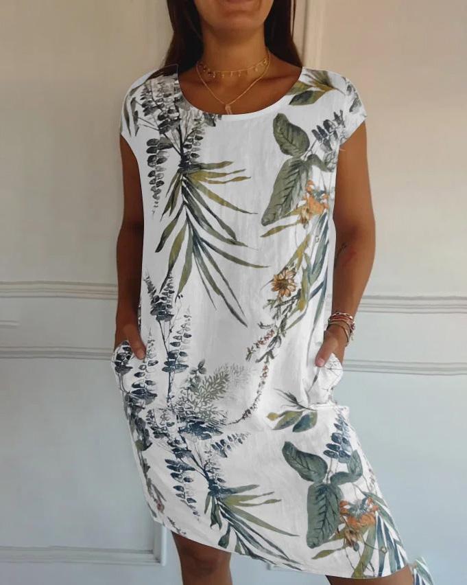 Waltraud Weiß Tropical Print Sommerkleid mit Rundhals und Taschen für Damen | Leichter Baumwoll-Leinen-Mix - S/M/L/XL/2XL/3XL