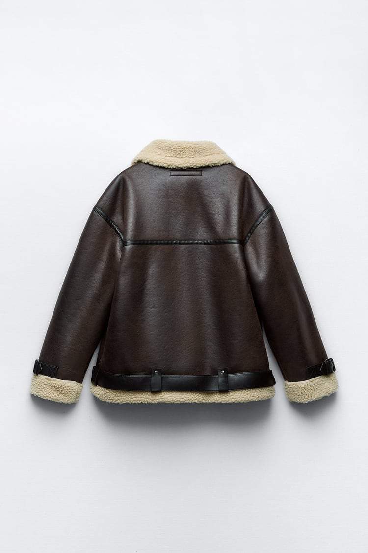 Genoveva Braun Oversized Bikerjacke Leder-Optik mit Sherpa-Futter für Damen | Winter Casual Stil - S/M/L