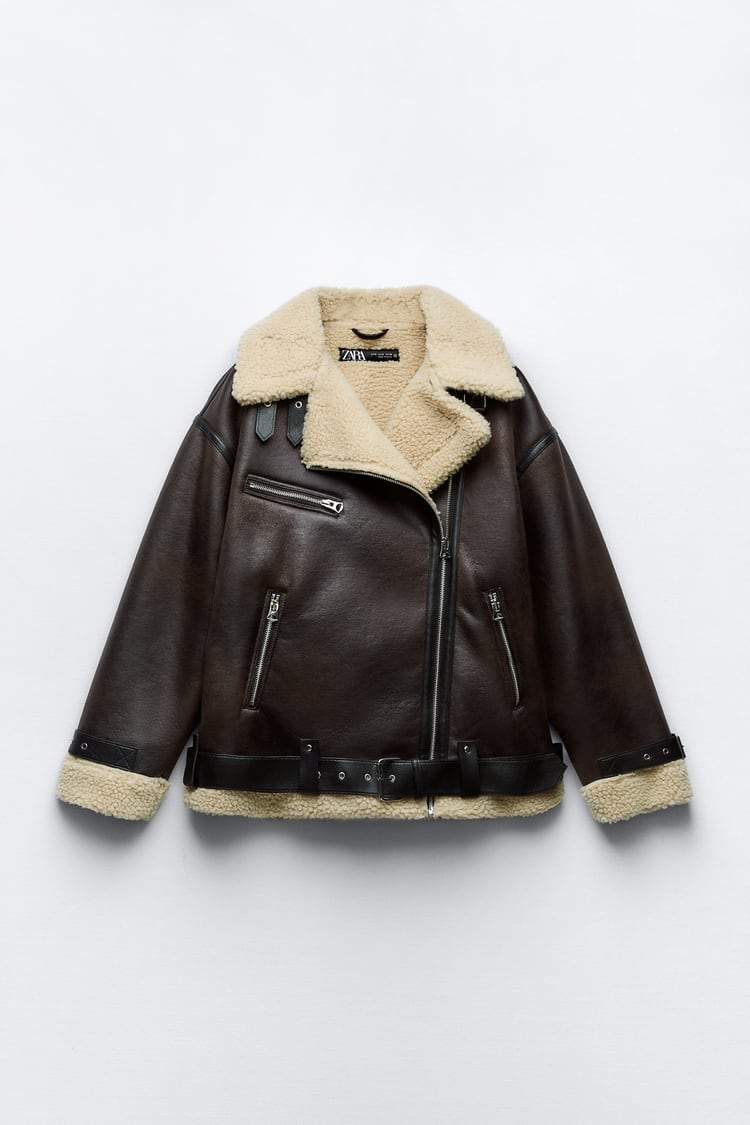 Genoveva Braun Oversized Bikerjacke Leder-Optik mit Sherpa-Futter für Damen | Winter Casual Stil - S/M/L