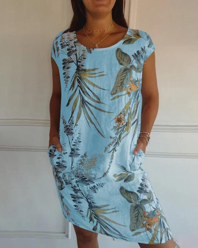 Waltraud Weiß Tropical Print Sommerkleid mit Rundhals und Taschen für Damen | Leichter Baumwoll-Leinen-Mix - S/M/L/XL/2XL/3XL