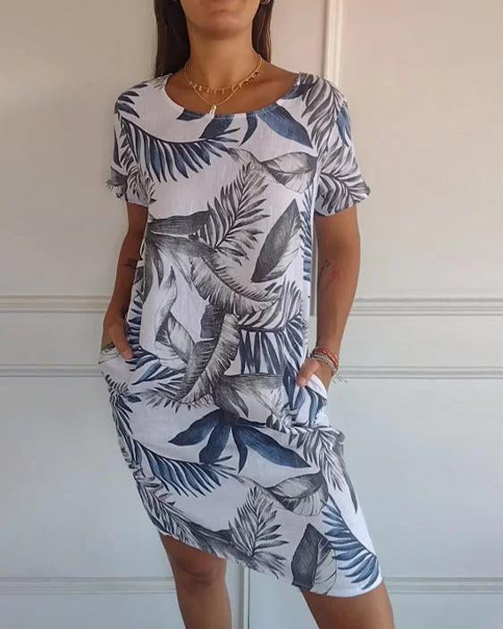 Waltraud Weiß Tropical Print Sommerkleid mit Rundhals und Taschen für Damen | Leichter Baumwoll-Leinen-Mix - S/M/L/XL/2XL/3XL