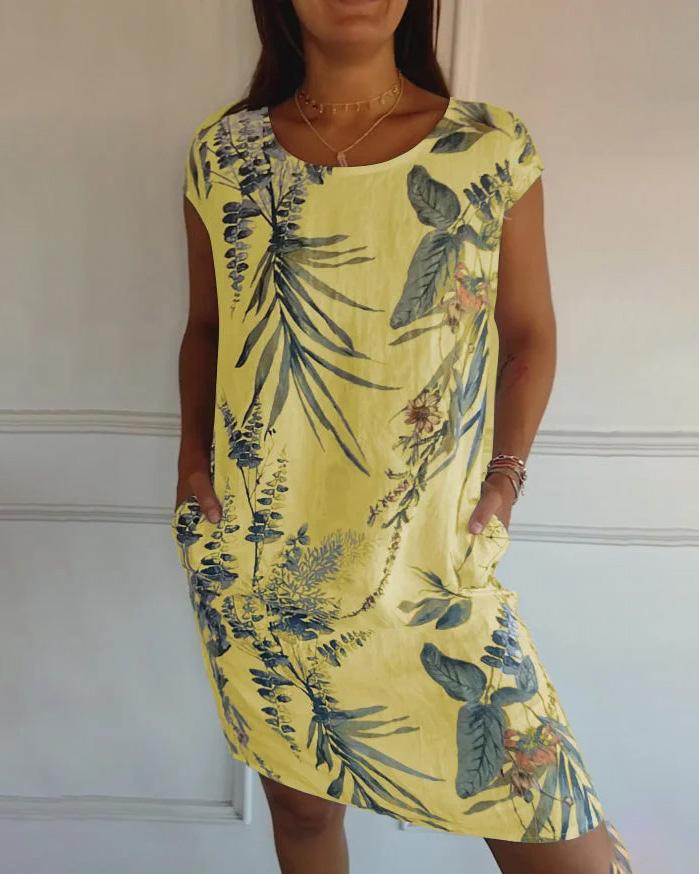 Waltraud Weiß Tropical Print Sommerkleid mit Rundhals und Taschen für Damen | Leichter Baumwoll-Leinen-Mix - S/M/L/XL/2XL/3XL