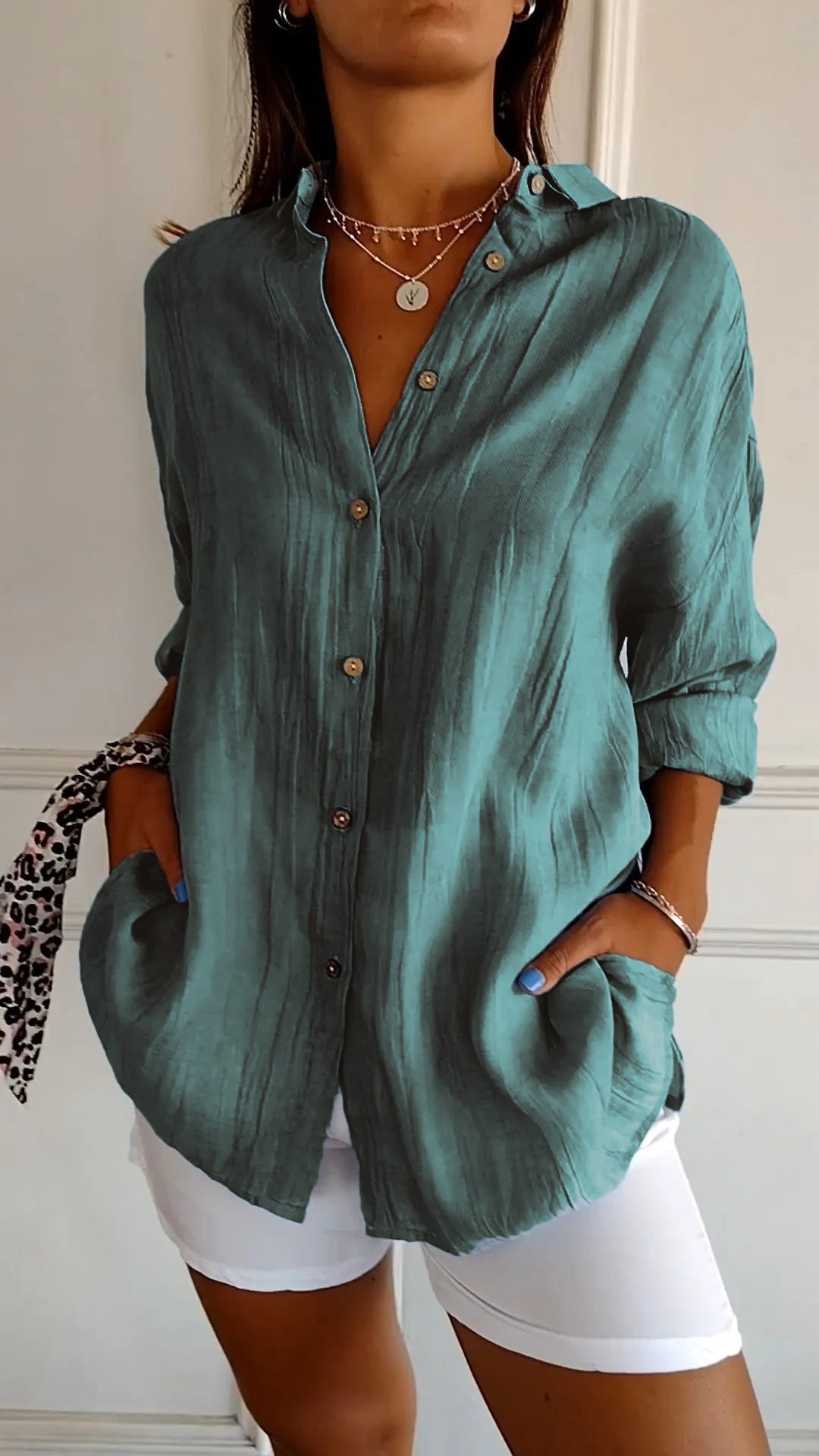 Käthi Blau Oversized Crinkle Hemdbluse für Damen | Leichter Lässiger Stil | Alltag und Urlaub - S/M/L/XL/2XL/3XL/4XL/5XL