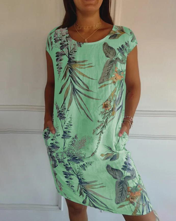Waltraud Weiß Tropical Print Sommerkleid mit Rundhals und Taschen für Damen | Leichter Baumwoll-Leinen-Mix - S/M/L/XL/2XL/3XL