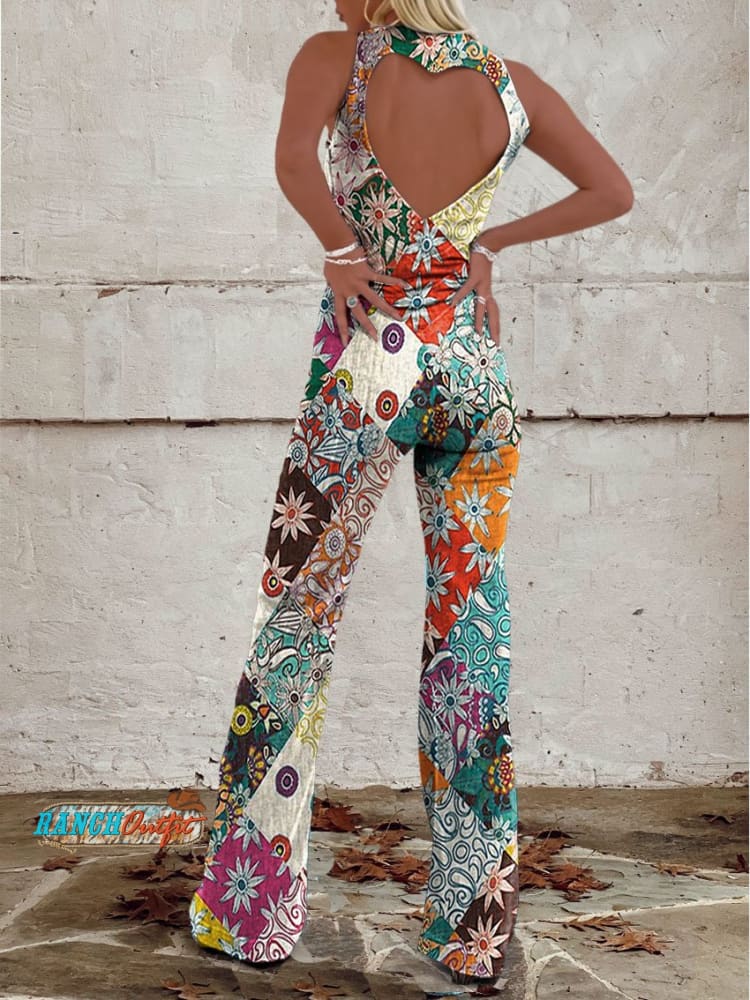 Rosemarie Mehrfarbiger Geblümter Patchwork Ärmelloser Jumpsuit für Damen | Weiter Beinschnitt | Offener Rücken - XS/S/M/L/XL/2XL/3XL