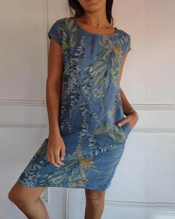 Waltraud Weiß Tropical Print Sommerkleid mit Rundhals und Taschen für Damen | Leichter Baumwoll-Leinen-Mix - S/M/L/XL/2XL/3XL