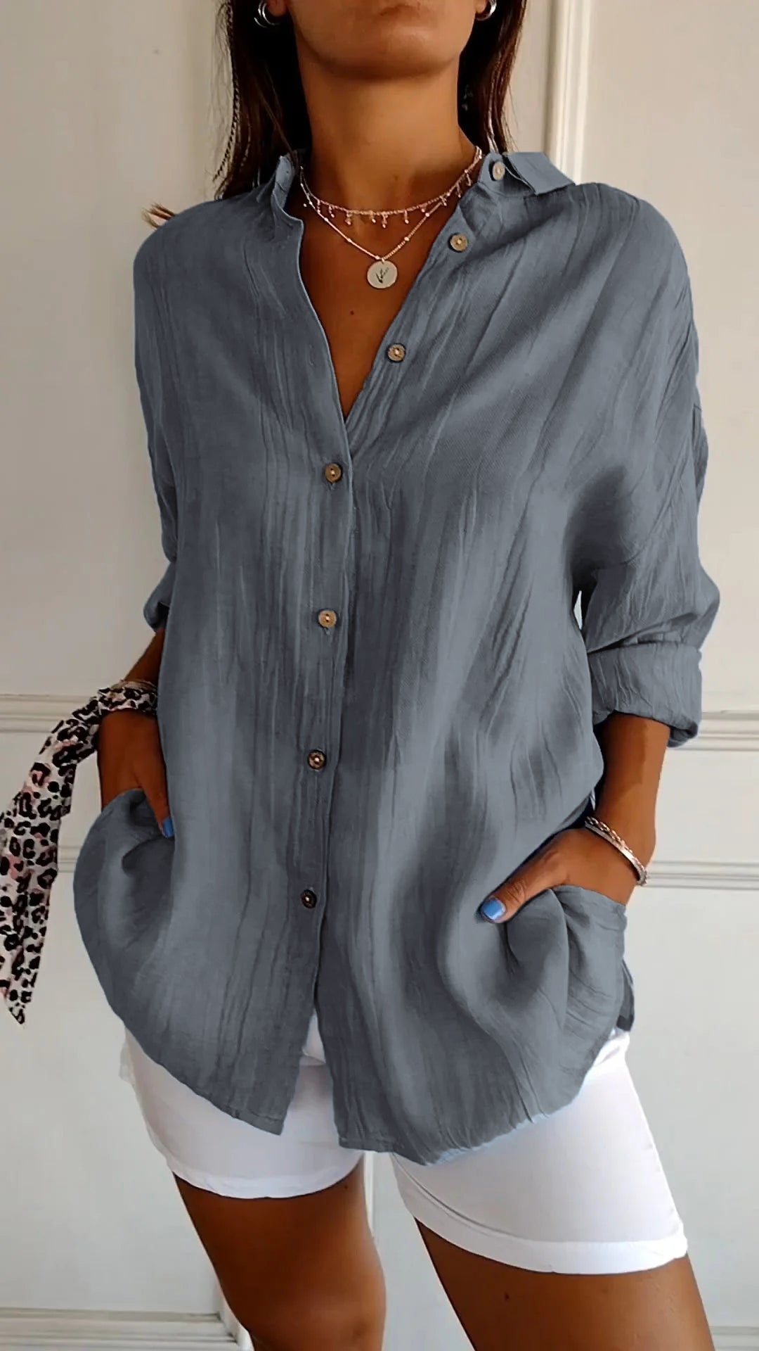 Monika Blau Crinkle Oversized Button-Down Bluse für Damen | Leichter Relaxed Fit | Casual Alltagsbluse - S/M/L/XL/2XL/3XL/4XL