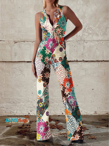 Rosemarie Mehrfarbiger Geblümter Patchwork Ärmelloser Jumpsuit für Damen | Weiter Beinschnitt | Offener Rücken - XS/S/M/L/XL/2XL/3XL