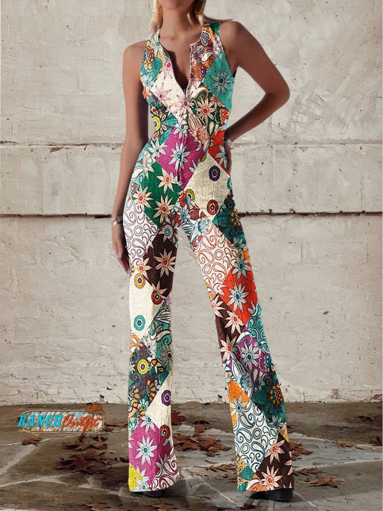 Rosemarie Mehrfarbiger Geblümter Patchwork Ärmelloser Jumpsuit für Damen | Weiter Beinschnitt | Offener Rücken - XS/S/M/L/XL/2XL/3XL