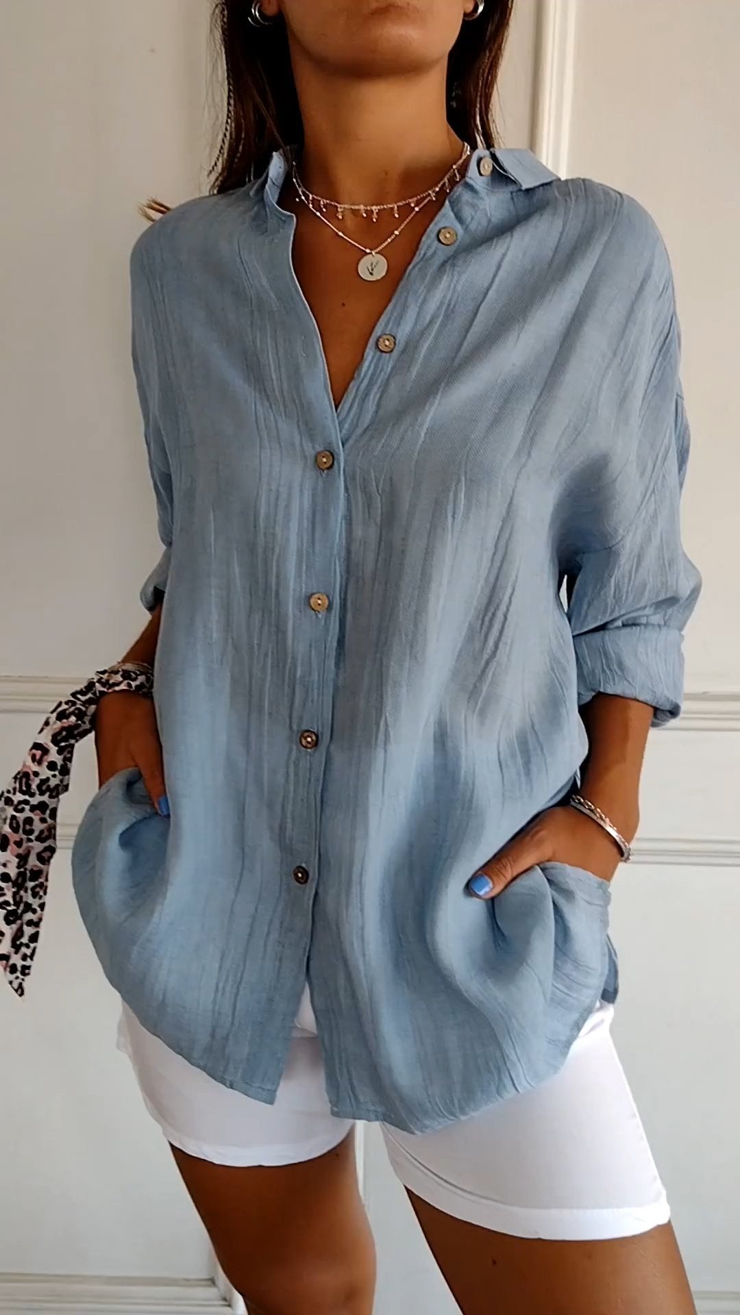Monika Blau Crinkle Oversized Button-Down Bluse für Damen | Leichter Relaxed Fit | Casual Alltagsbluse - S/M/L/XL/2XL/3XL/4XL