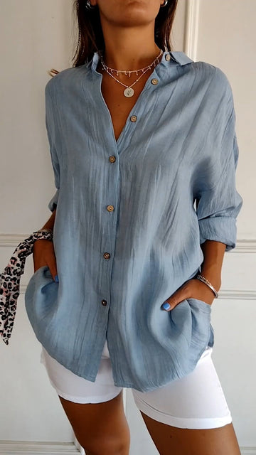 Monika Blau Crinkle Oversized Button-Down Bluse für Damen | Leichter Relaxed Fit | Casual Alltagsbluse - S/M/L/XL/2XL/3XL/4XL