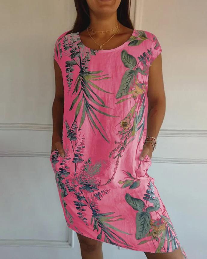 Waltraud Weiß Tropical Print Sommerkleid mit Rundhals und Taschen für Damen | Leichter Baumwoll-Leinen-Mix - S/M/L/XL/2XL/3XL