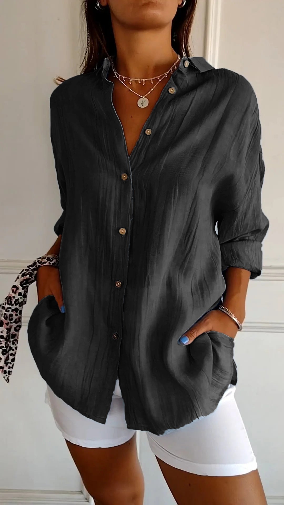Monika Blau Crinkle Oversized Button-Down Bluse für Damen | Leichter Relaxed Fit | Casual Alltagsbluse - S/M/L/XL/2XL/3XL/4XL