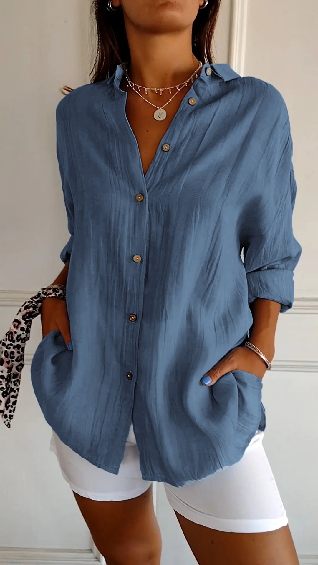 Käthi Blau Oversized Crinkle Hemdbluse für Damen | Leichter Lässiger Stil | Alltag und Urlaub - S/M/L/XL/2XL/3XL/4XL/5XL