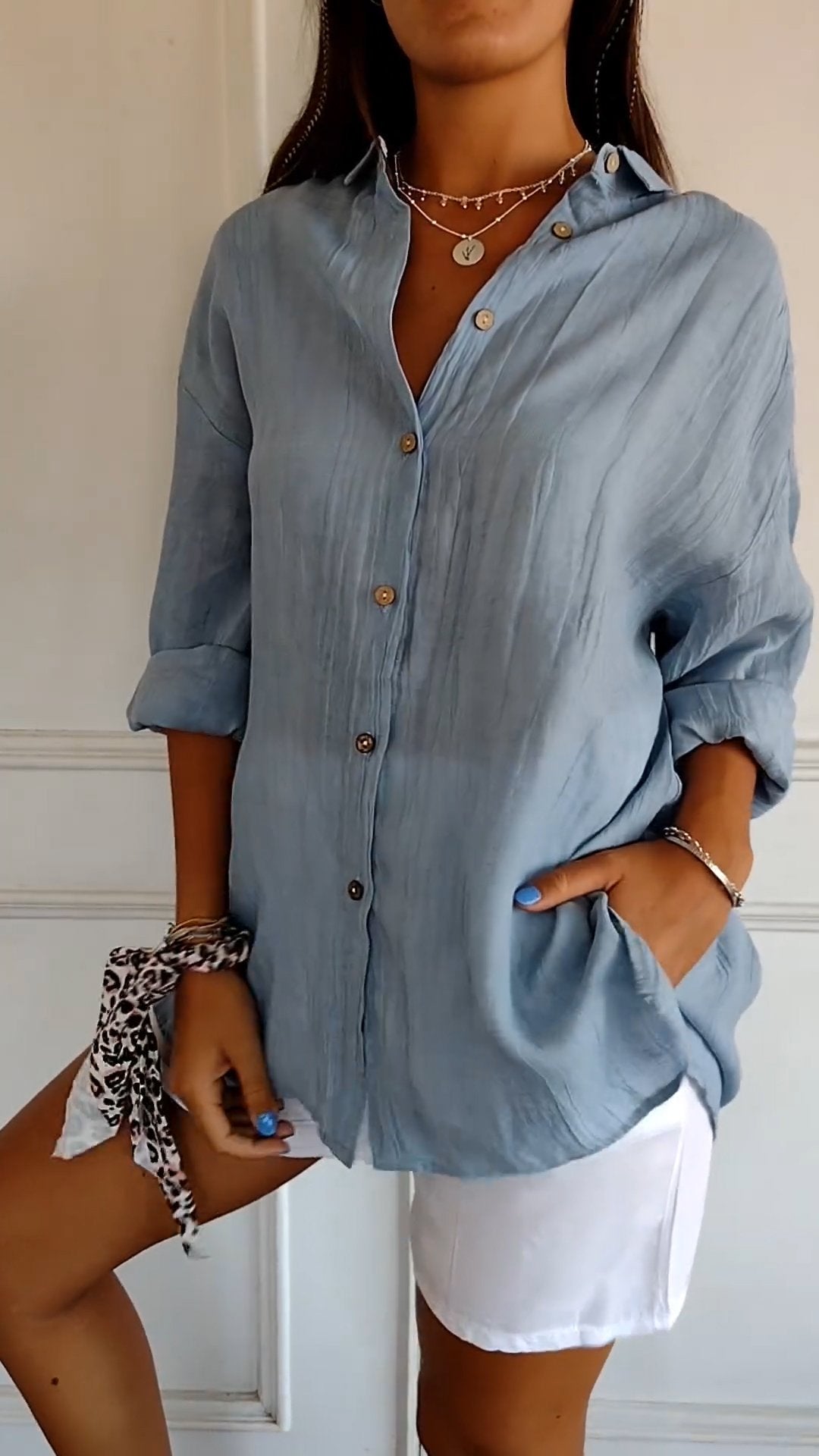 Käthi Blau Oversized Crinkle Hemdbluse für Damen | Leichter Lässiger Stil | Alltag und Urlaub - S/M/L/XL/2XL/3XL/4XL/5XL