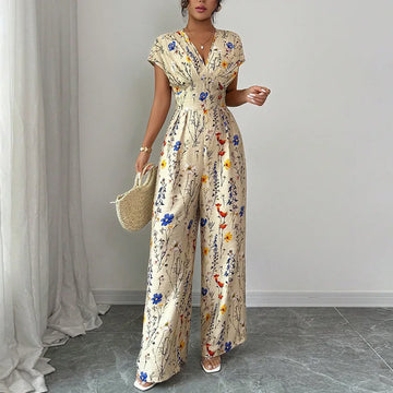 Rosemarie Blütenbeige Geblümter V-Ausschnitt Maxi Jumpsuit für Damen | Tailliert Elegant | Sommerurlaub Boho Stil - S/M/L/XL