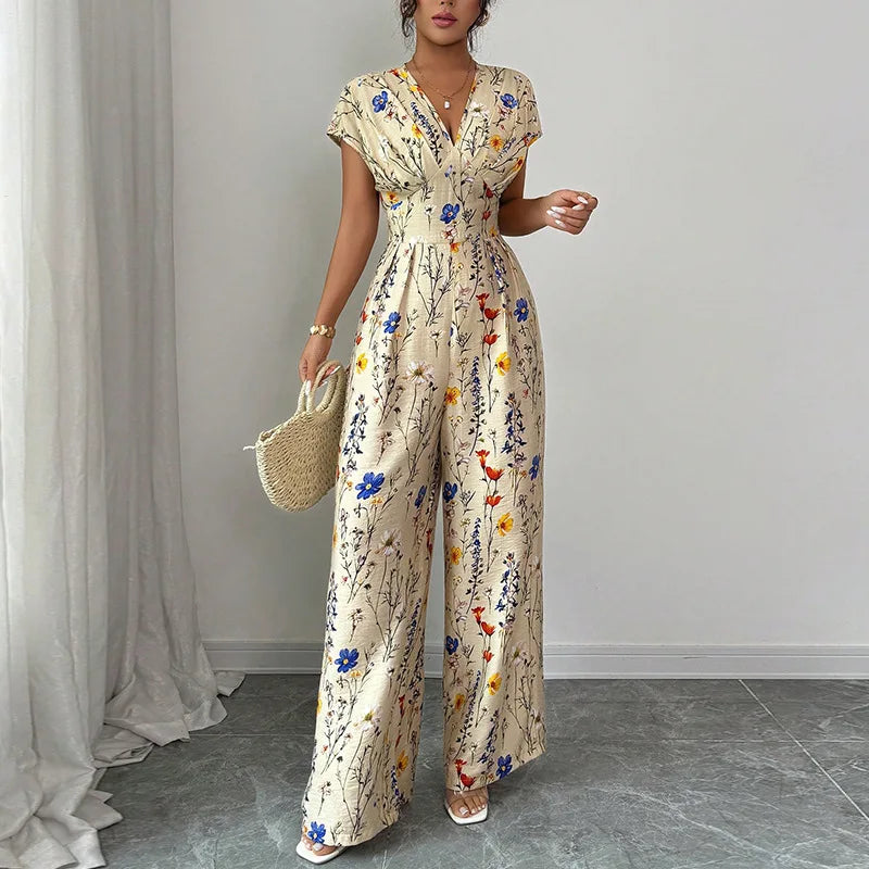 Rosemarie Blütenbeige Geblümter V-Ausschnitt Maxi Jumpsuit für Damen | Tailliert Elegant | Sommerurlaub Boho Stil - S/M/L/XL