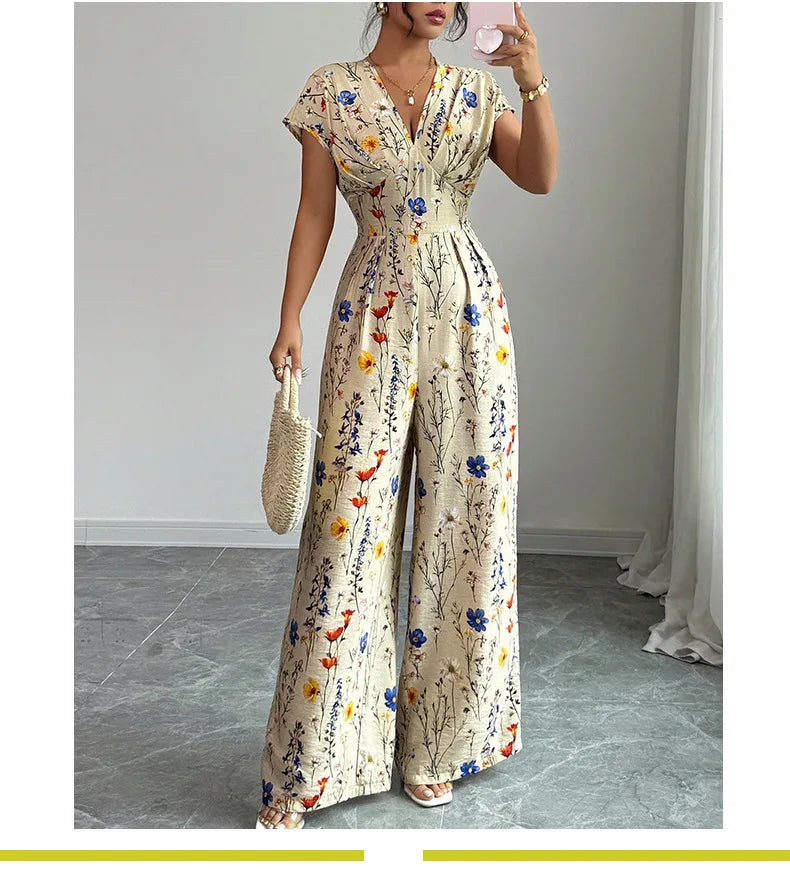 Rosemarie Blütenbeige Geblümter V-Ausschnitt Maxi Jumpsuit für Damen | Tailliert Elegant | Sommerurlaub Boho Stil - S/M/L/XL