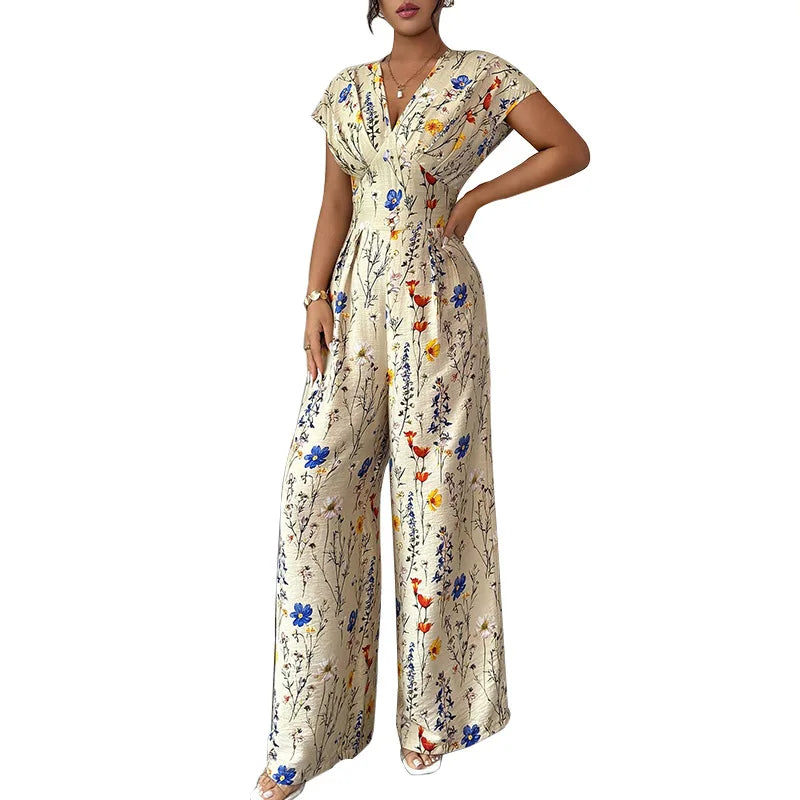 Rosemarie Blütenbeige Geblümter V-Ausschnitt Maxi Jumpsuit für Damen | Tailliert Elegant | Sommerurlaub Boho Stil - S/M/L/XL