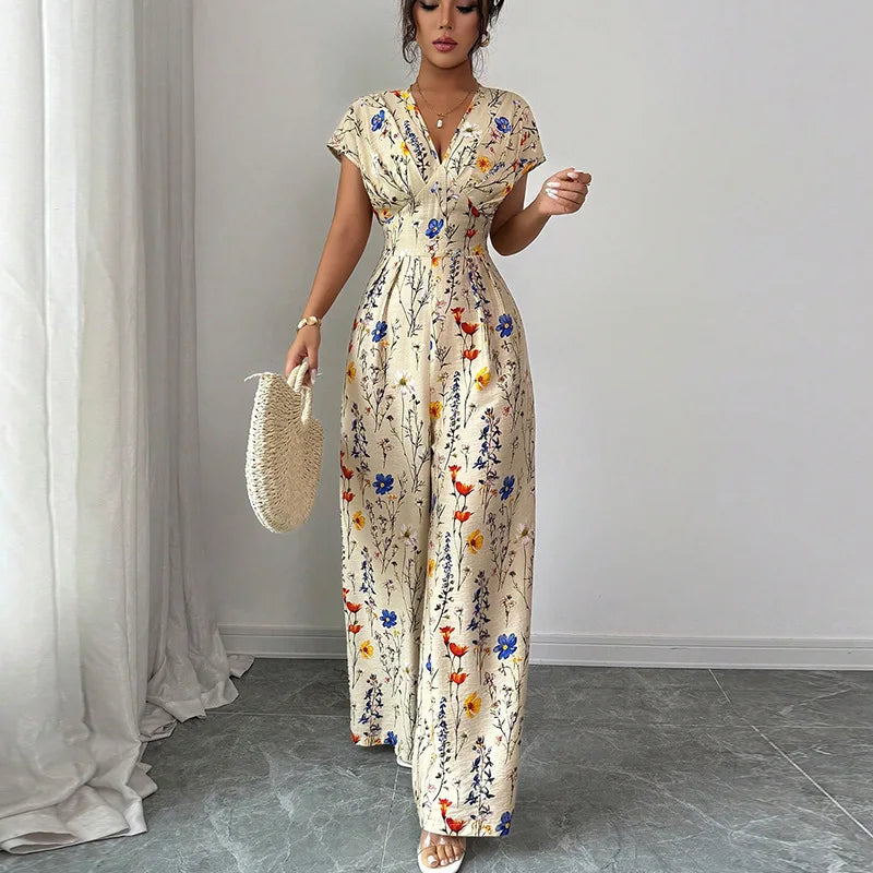 Rosemarie Blütenbeige Geblümter V-Ausschnitt Maxi Jumpsuit für Damen | Tailliert Elegant | Sommerurlaub Boho Stil - S/M/L/XL