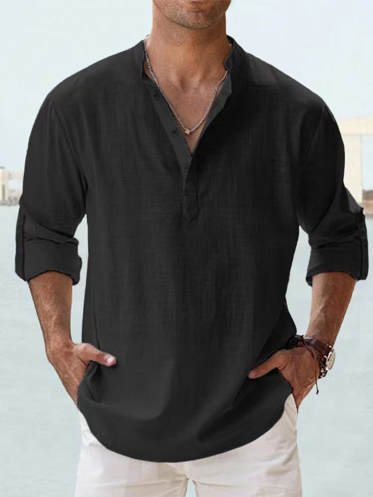 Werner Hell Blau Leinenoptik Henley Hemd für Herren | Lockerer Schnitt - Urlaub und Freizeit - XS/S/M/L/XL/2XL/3XL