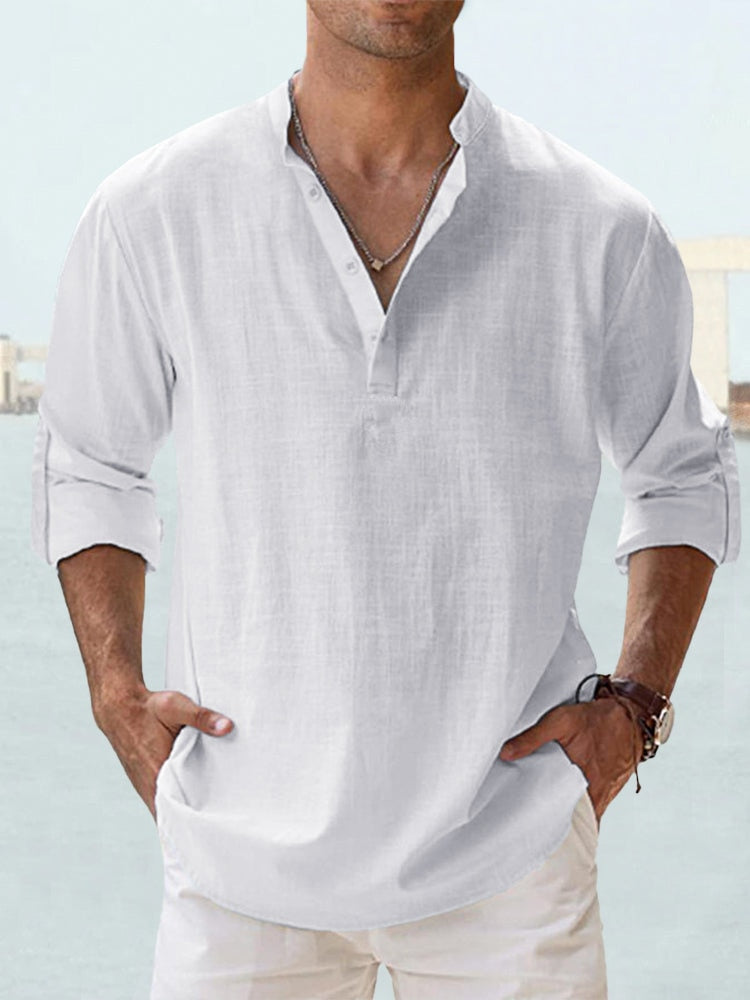 Werner Hell Blau Leinenoptik Henley Hemd für Herren | Lockerer Schnitt - Urlaub und Freizeit - XS/S/M/L/XL/2XL/3XL