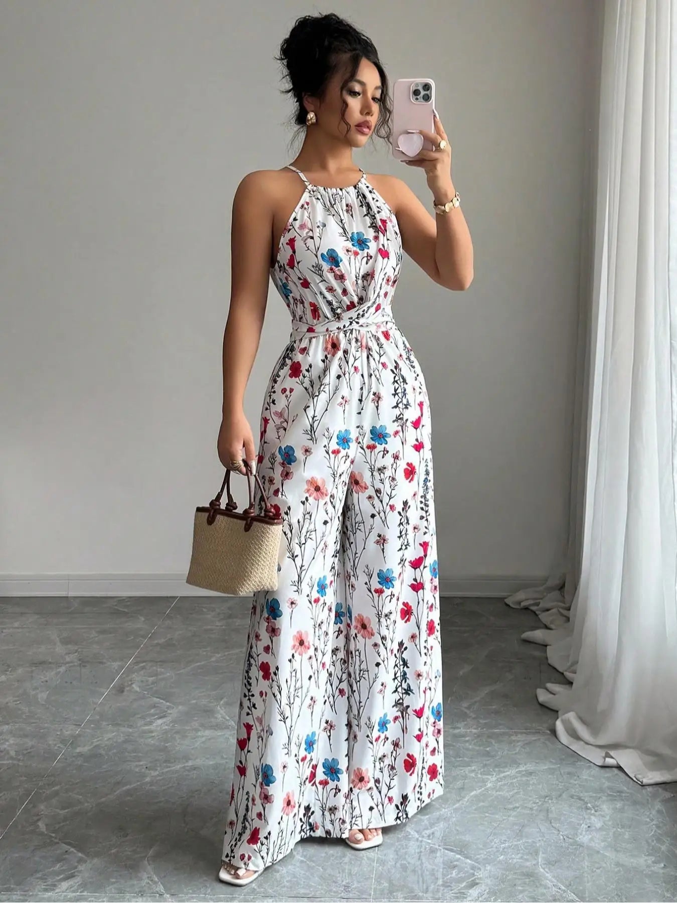 Monika Blumenweiss Geblümter Neckholder Maxi-Jumpsuit für Damen | Eleganter Weiter Beinschnitt | Sommerurlaub und Gartenpartys - S/M/L/XL/2XL