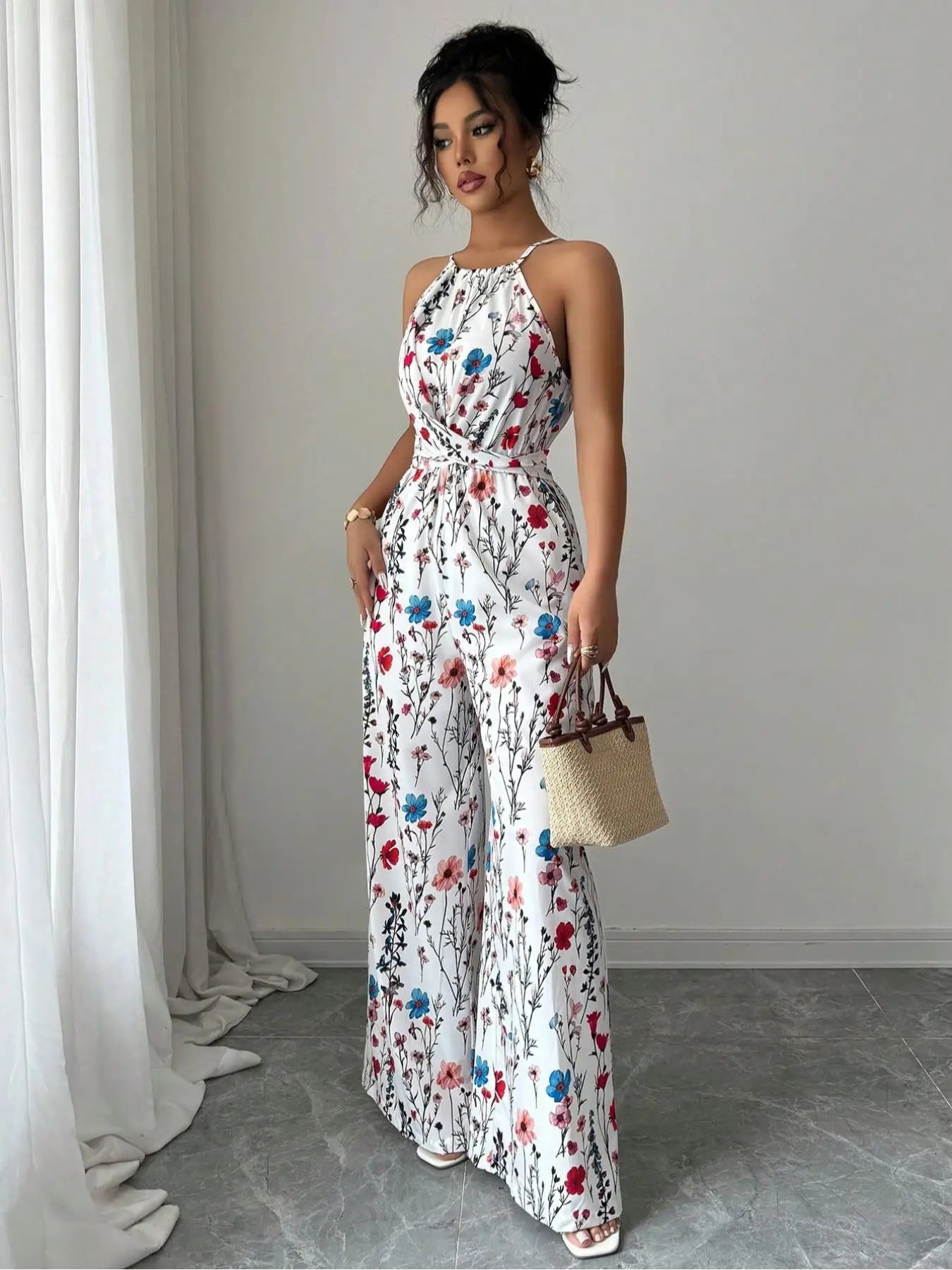 Monika Blumenweiss Geblümter Neckholder Maxi-Jumpsuit für Damen | Eleganter Weiter Beinschnitt | Sommerurlaub und Gartenpartys - S/M/L/XL/2XL