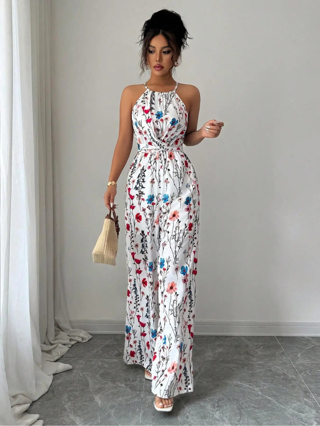 Monika Blumenweiss Geblümter Neckholder Maxi-Jumpsuit für Damen | Eleganter Weiter Beinschnitt | Sommerurlaub und Gartenpartys - S/M/L/XL/2XL