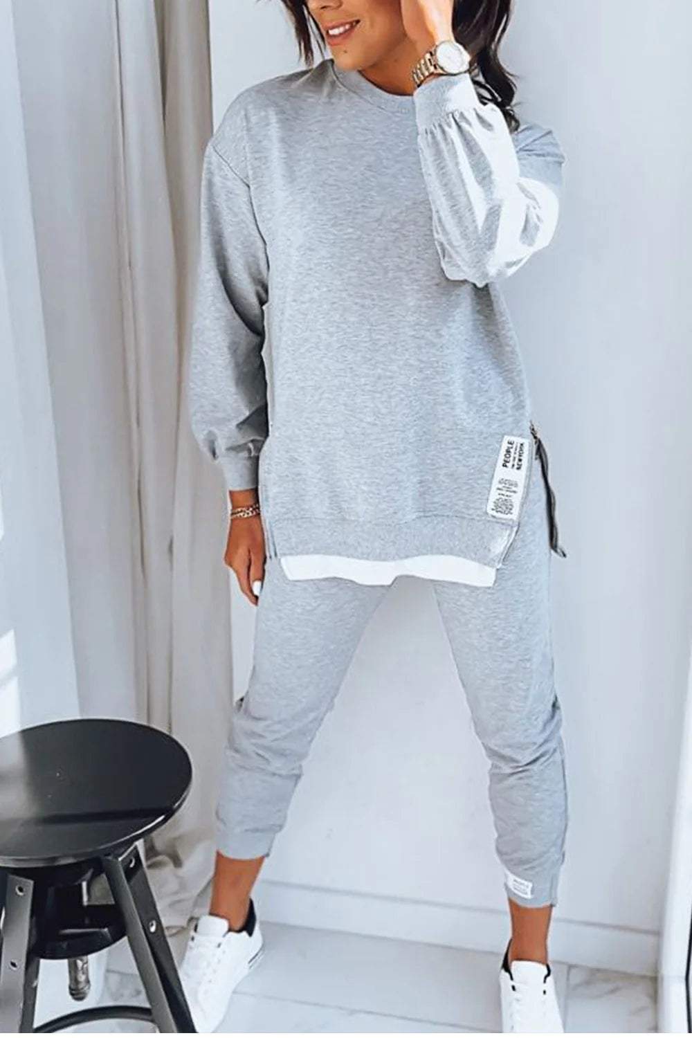 Vreni Grau Oversized Sweatshirt und Jogginghose Zweiteiler für Damen | Casual Freizeit - S/M/L/XL/2XL/3XL/4XL/5XL